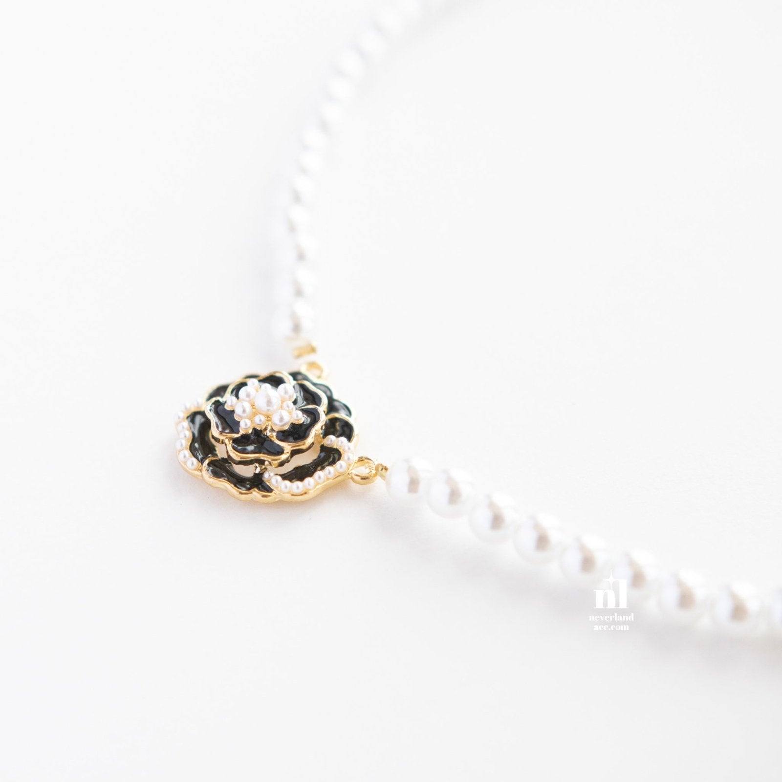Black Camellia Pendant Pearl Necklace - neverland accessories