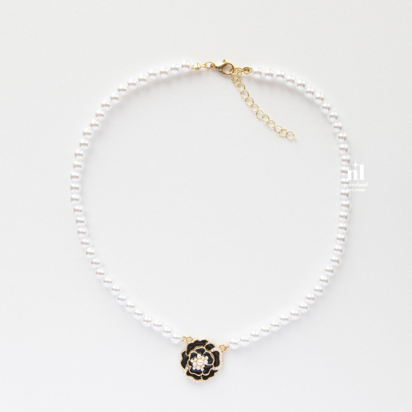 Black Camellia Pendant Pearl Necklace - neverland accessories