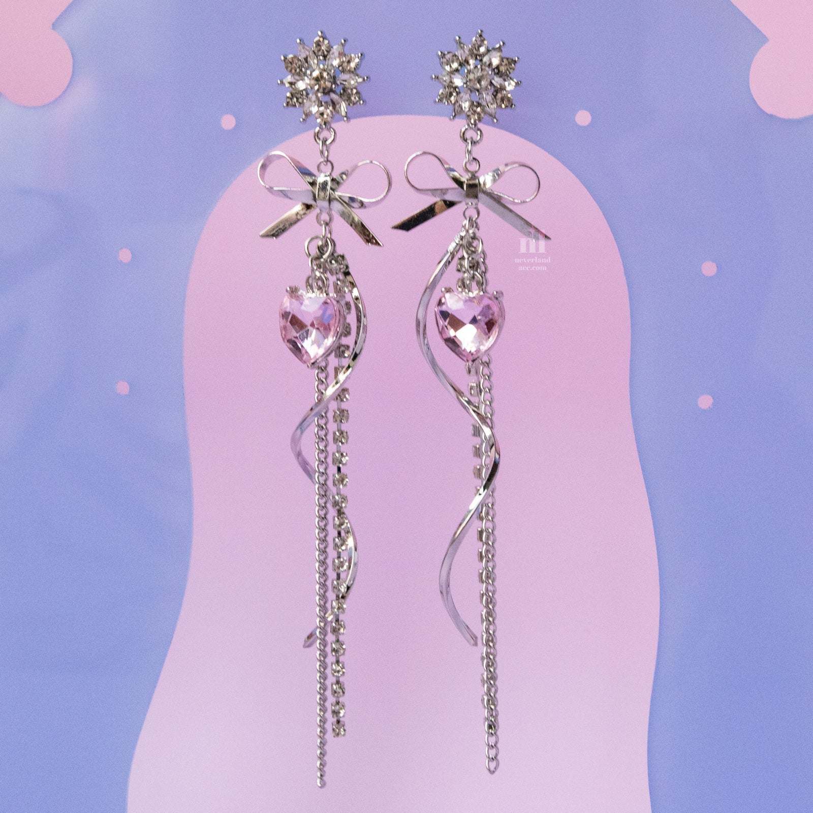 Bowknot Pink Heart Drop Earrings - neverland accessories