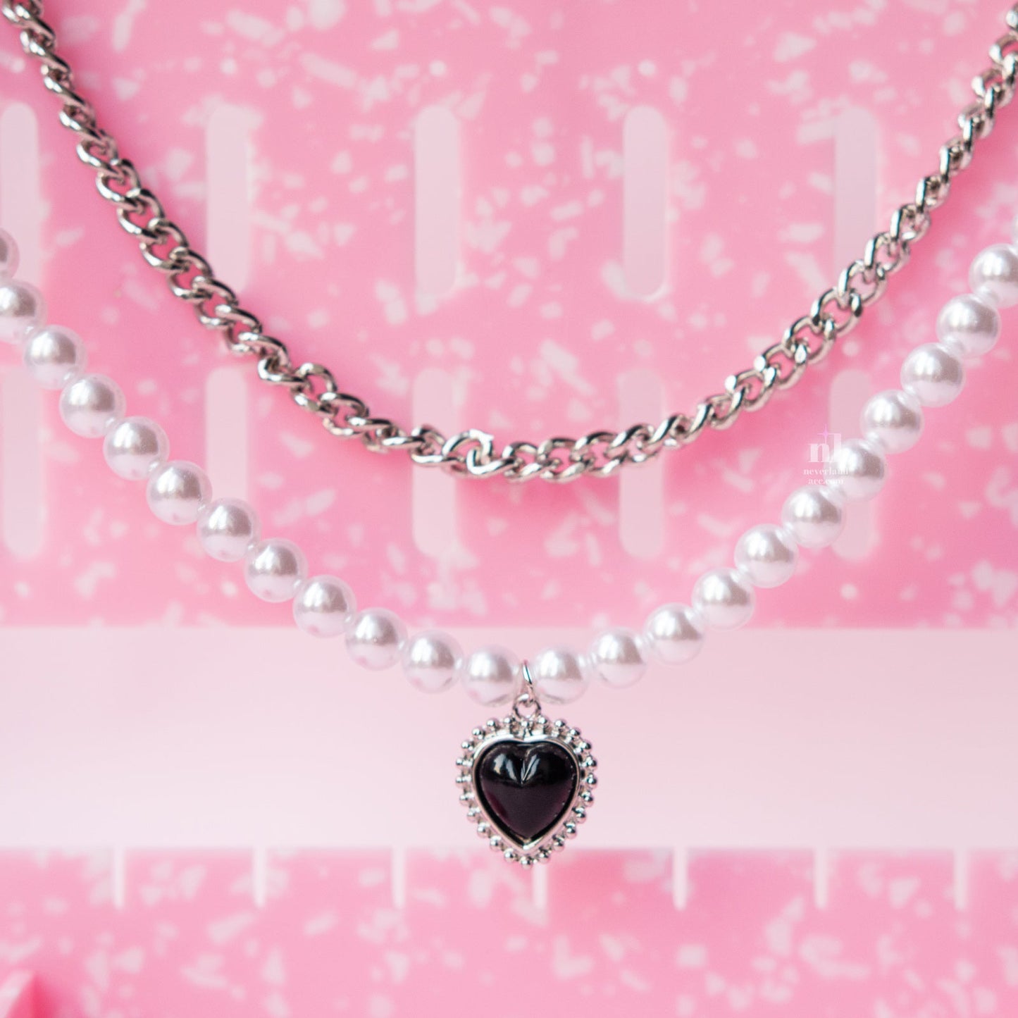 Double Layer Black Heart Pendant Pearl Necklace - neverland accessories