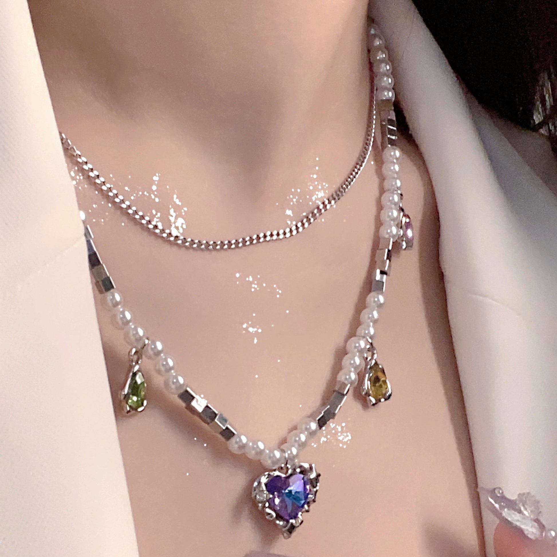 Pearl Strand Rhinestone Purple Heart Pendant Necklace - neverland accessories