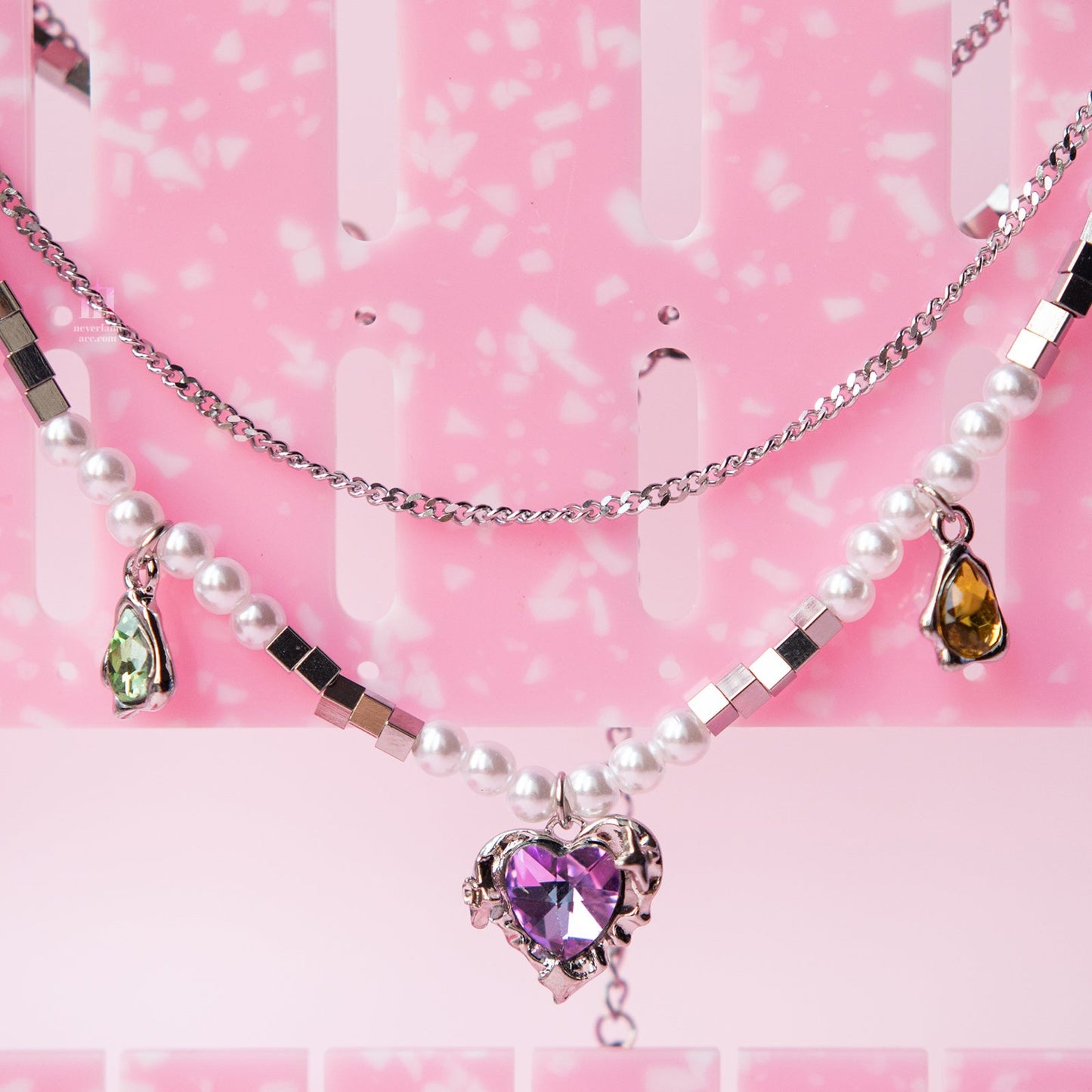 Pearl Strand Rhinestone Purple Heart Pendant Necklace - neverland accessories