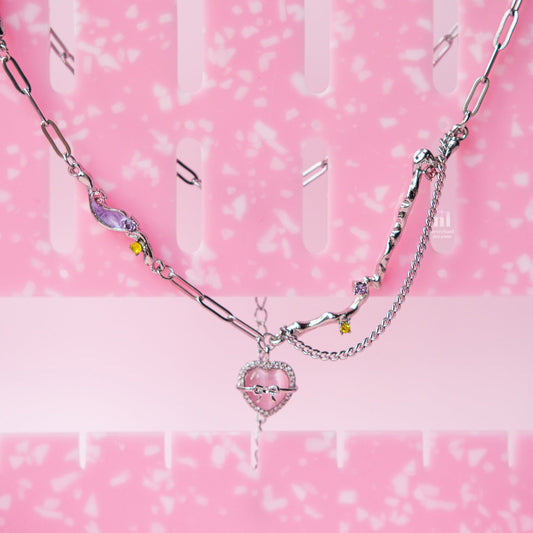 Pink Heart with Butterfly Bow Pendant Necklace - neverland accessories