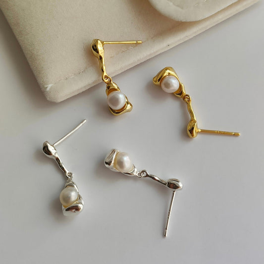 S925 Sterling Silver / 18K Gold Plated Silver Freshwater Pearl Earrings - neverland accessories