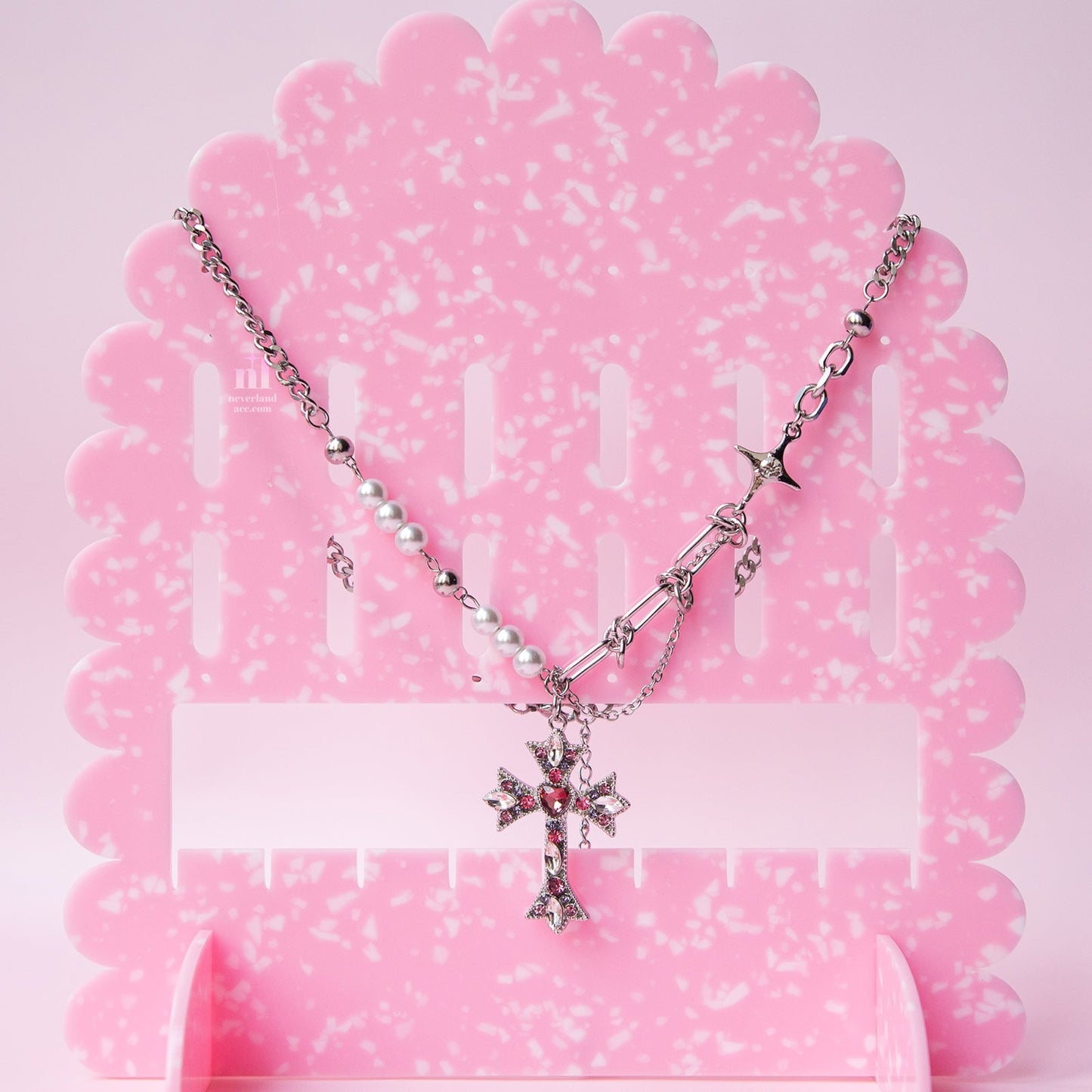 Vintage Pink Rhinestone Cross Pendant Necklace - neverland accessories